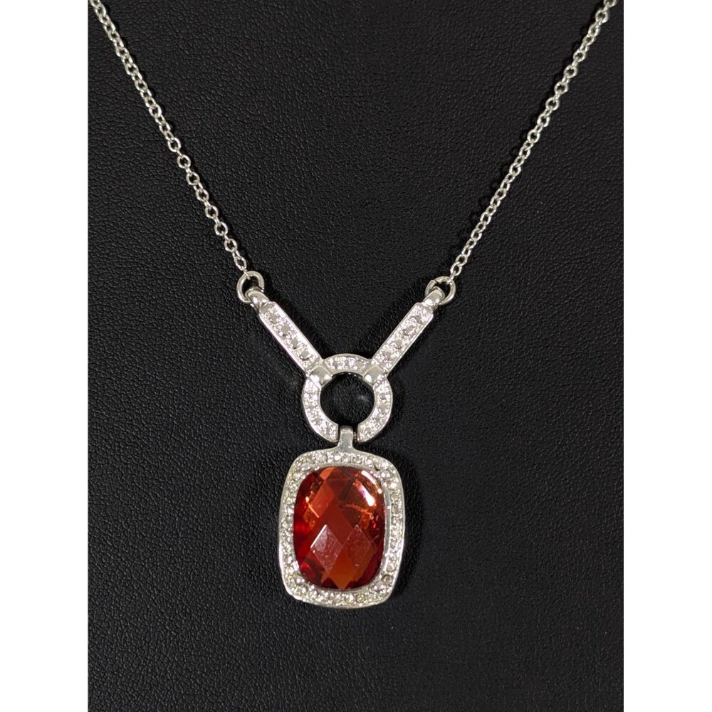 Avon Red Faceted Rectangle Cabochon Halo Silver Tone Glam Necklace Evening 16"